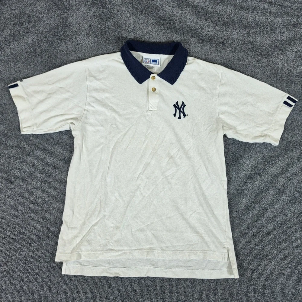 Vintage Adidas New York Yankees MLB Polo Shirt Mens Medium White Navy Blue 90s